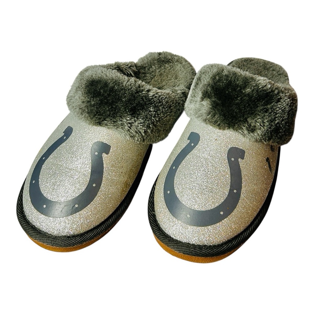 FOCO Indianapolis Colts womens glitter fur moccasin slippers horseshoe logo Sz m